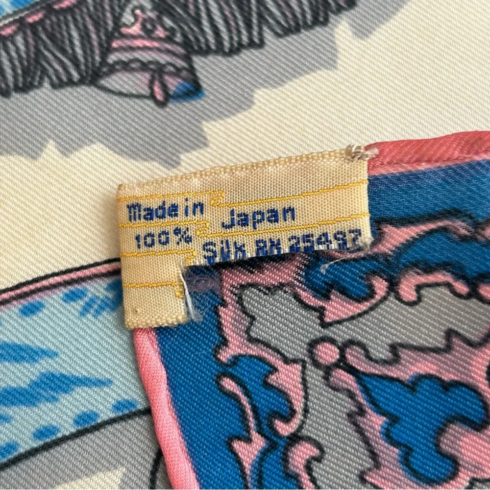 •Silk Handrolled Blue Pink Cream Graphic Square Scarf 22”x23” Made In Japan